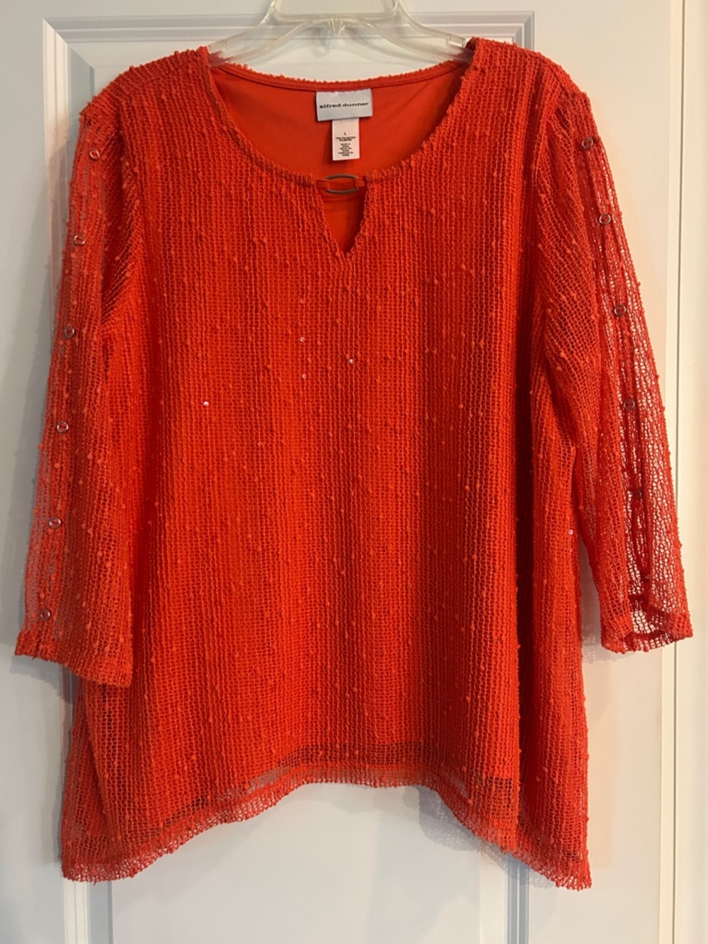Alfred Dunner Bright Coral Open-Knit Sequin Tunic